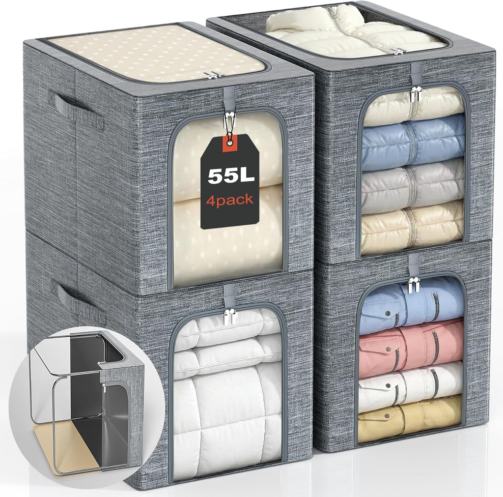 GoMaihe Clothes Storage Bins Metal Frame: 55L Extra Large Stackable Closet Storage Organizer with Lid & Clear Window, Heavy Duty Blanket Boxes for Winter Coats Comforters (Fits Deep Closet 4-Pack)