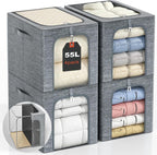 GoMaihe Clothes Storage Bins Metal Frame: 55L Extra Large Stackable Closet Storage Organizer with Lid & Clear Window, Heavy Duty Blanket Boxes for Winter Coats Comforters (Fits Deep Closet 4-Pack)