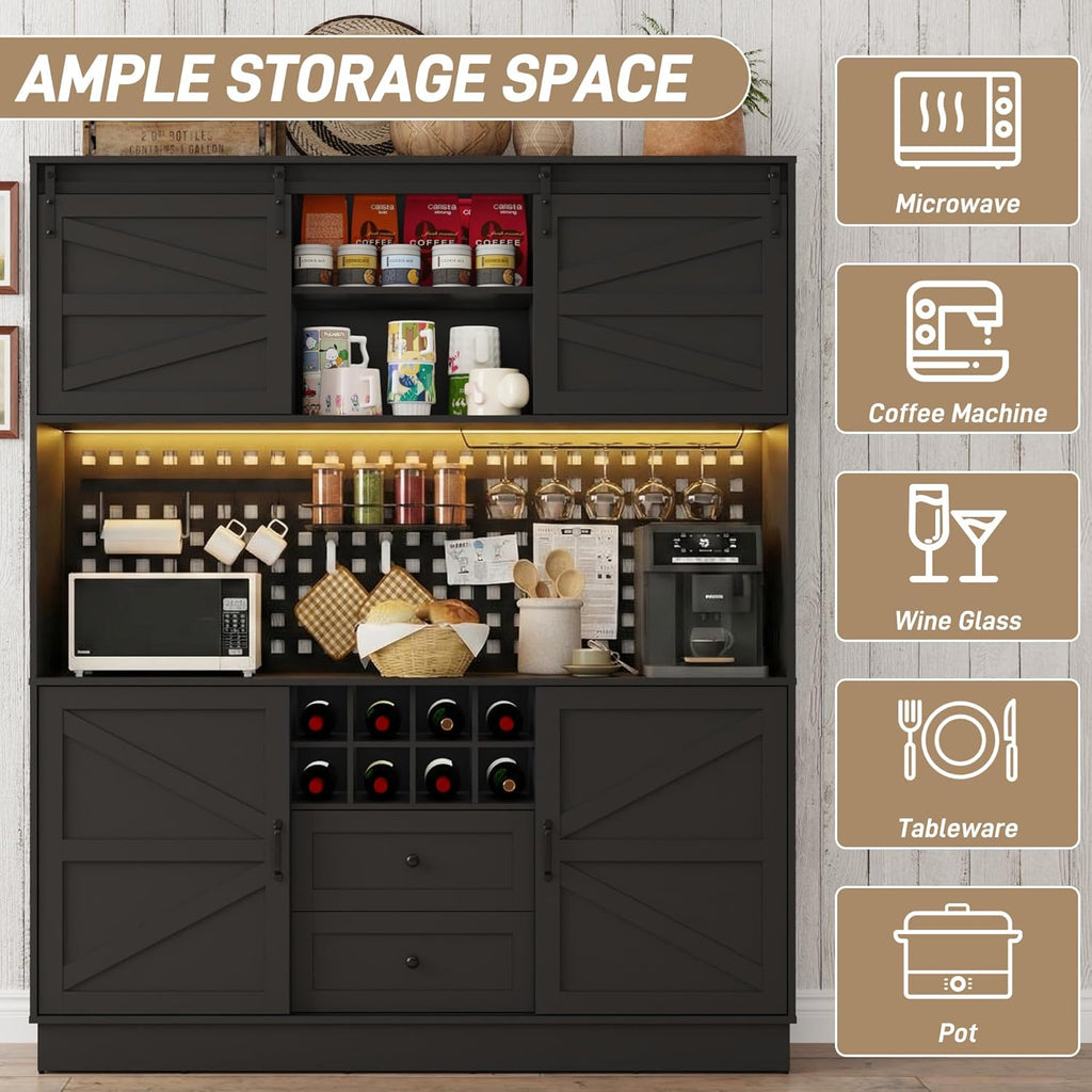 75”Tall 63"W Extra Large LED Farmhouse Kitchen Storage Pantry Hutch Cabinet w/Power Outlet,Pegboard,Coffee Bar Cabinets,Microwave Shelf,Wine Rack,4 Barn Doors,2 Drawers, Dining Room,Black