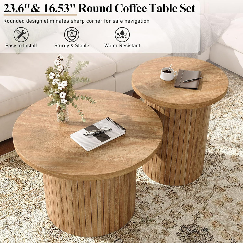 LUXOAK Nesting Coffee Table Set of 2, Mid Century Modern Round Coffee Table, Wood Slat Side Table Set for Living Room, Office, Balcony (Natural Oak)