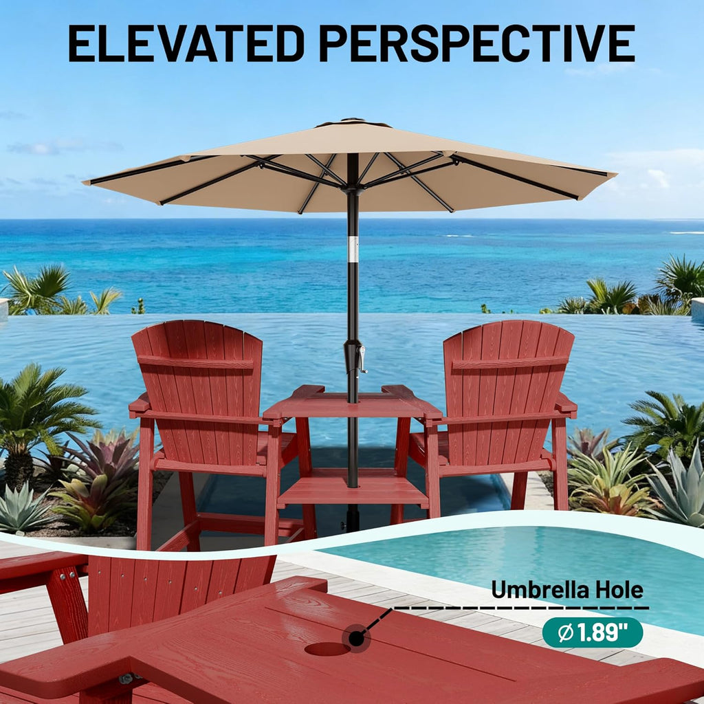 PLUUV Tall Adirondack Chairs Set of 2 with Double Connecting Trays, All Weather HDPE Bar Height Outdoor Chairs, Outdoor Adirondack Barstools with Umbrella Hole for Balcony, Patio, Backyard, Reddish