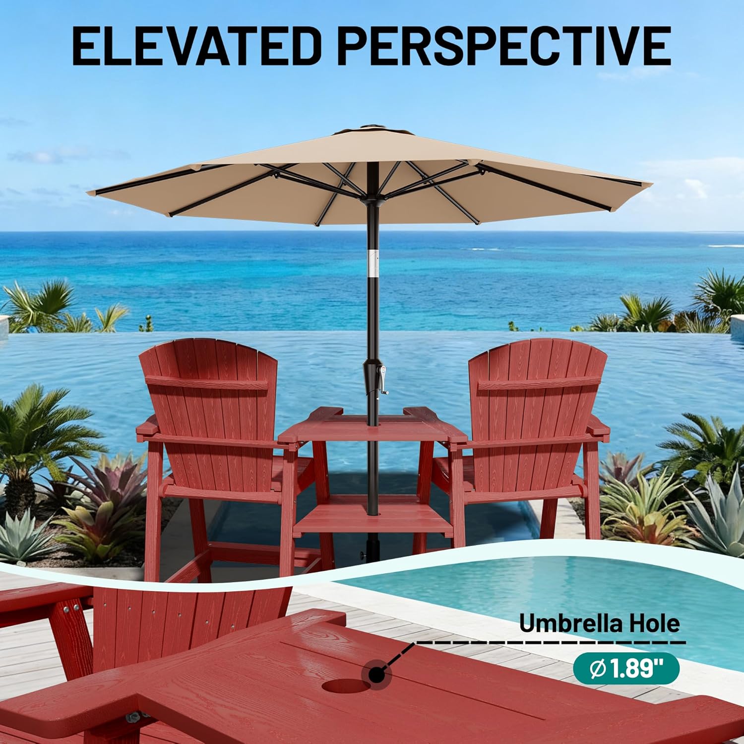 PLUUV Tall Adirondack Chairs Set of 2 with Double Connecting Trays, All Weather HDPE Bar Height Outdoor Chairs, Outdoor Adirondack Barstools with Umbrella Hole for Balcony, Patio, Backyard, Reddish