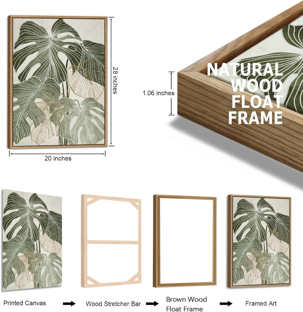 Large Framed Canvas Wall Art - Natural Float Framed Green Plantain Leaves Pictures Decor Brown Leaf Lines Painting Prints Rustic Botanical Artwork for Bedroom Living Room Decoration 60" X 28" Set of 3