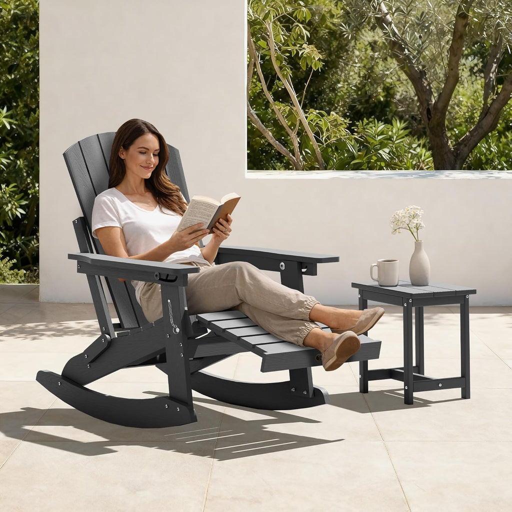 Adjustable Adirondack Rocking Chair Set of 2 with Retractable Ottoman Footrest, 4-in-1 Foldable HDPE Outdoor Rocker, Weather Resistant Adirondack Chair for Porch, Garden & Poolside, Grey