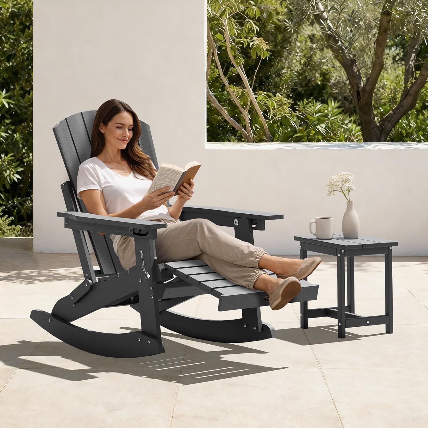 Adjustable Adirondack Rocking Chair Set of 2 with Retractable Ottoman Footrest, 4-in-1 Foldable HDPE Outdoor Rocker, Weather Resistant Adirondack Chair for Porch, Garden & Poolside, Grey