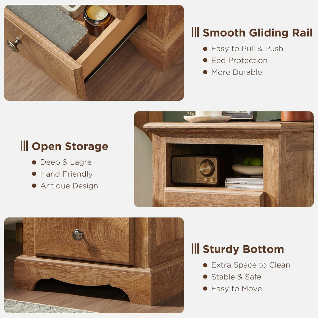T4TREAM 18" Vintage Nightstand with Charging Station, Light Knotty Oak | Rustic 2 Drawers & Open Storage Shelf Wood Rustic Sofa Side Table