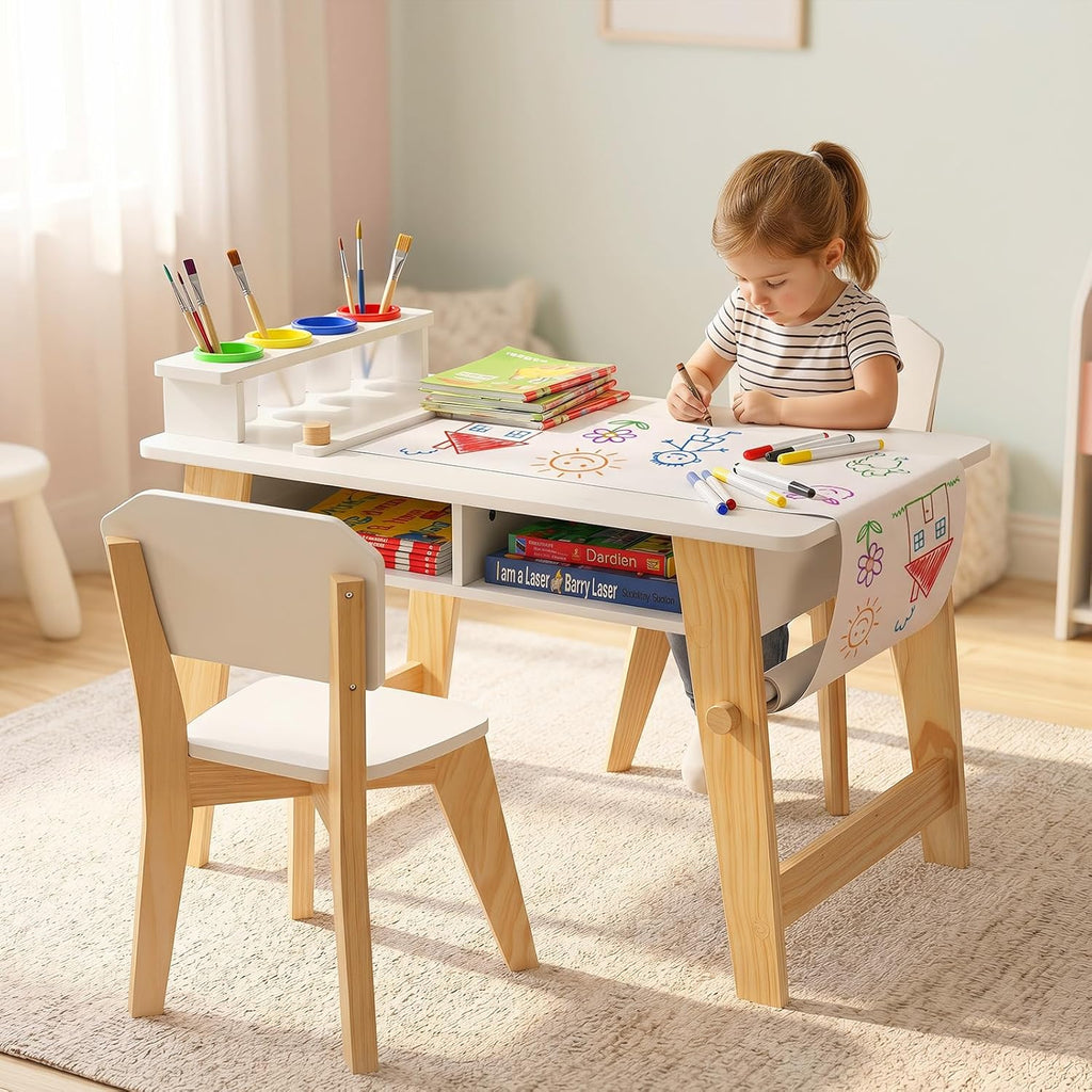 Olakids Kids Art Table and Chair Set, Wooden Multi Activity Desk with Roll Paper 2 Storage Shelves 4 Paint Cups, Toddler Furniture for Crafts Arts Playing Drawing