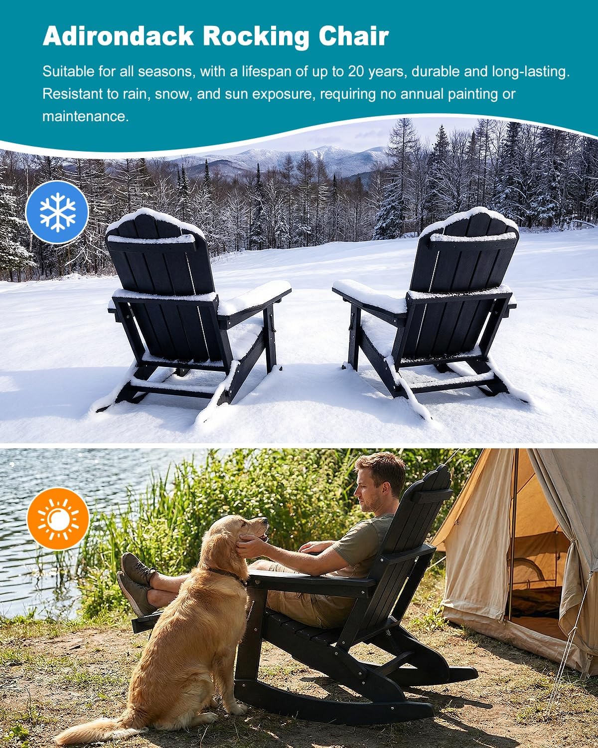 Adirondack Rocking Chairs with Retractable Ottoman & Cup Holders, 6-in-1 Folding HDPE Outdoor Rockers for Patio, Porch, Lawn, Black