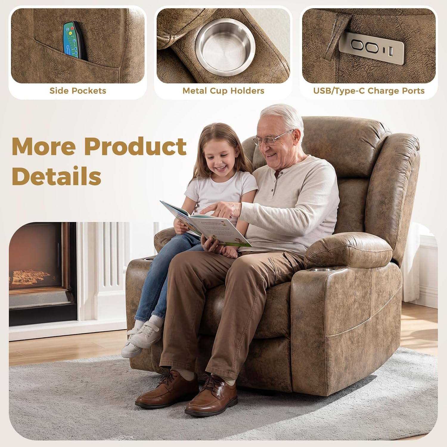Oversized Power Lift Recliner Chair for Elderly, Big and Tall with Massage and Heating, Breathable Faux Leather with Metal Cup Holders, USB A&C Ports, Light Brown