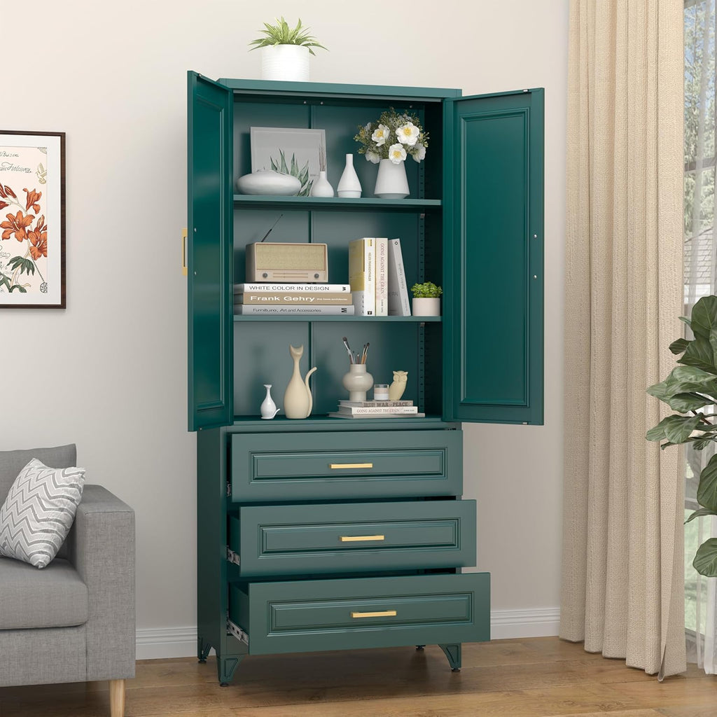 SteeLoong 75" Kitchen Pantry Cabinet with 3 Drawer,Metal Storage Cabinets with Doors and 2 Adjustable Shelves,Green Kitchen Cabinet with 2 Gold Handles,Food Cupboard for Livingroom,Pantry, Bathroom