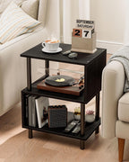 Frylr Small Side Table, End Table and Nightstand with 3-Tier Wood Shelves, Sturdy Metal Frame with 44 LBS Capacity per Shelf, Easy to Assemble for Living Room or Bedroom,Black