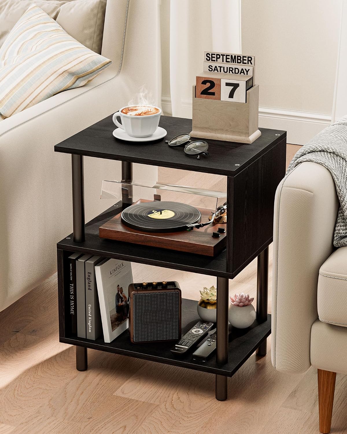 Frylr Small Side Table, End Table and Nightstand with 3-Tier Wood Shelves, Sturdy Metal Frame with 44 LBS Capacity per Shelf, Easy to Assemble for Living Room or Bedroom,Black