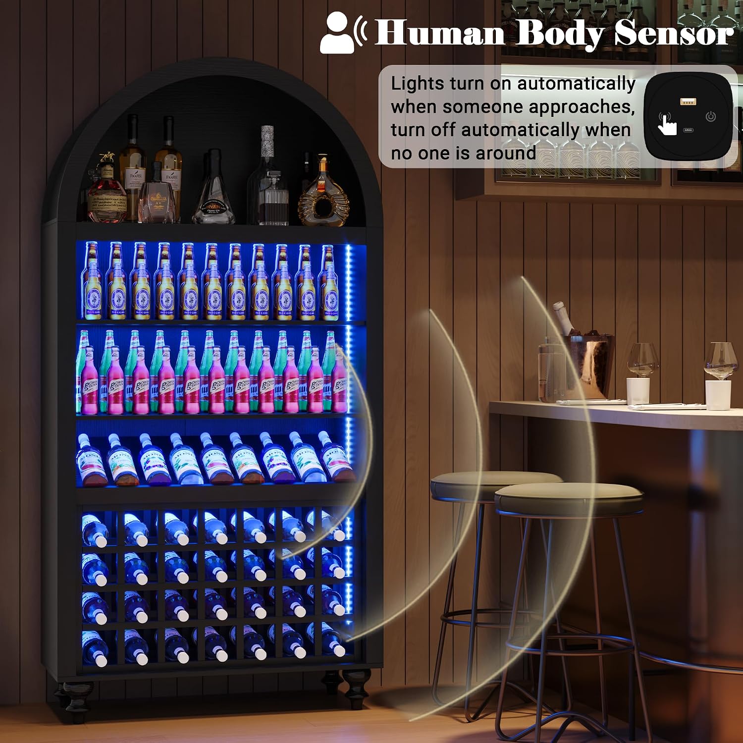 71" Tall Arched Wine Bar Cabinet with Wine Racks & Glass Holder, Wide Liquor Cabinets with LED Lights & Charing Ports, Kitchen Pantry Cupboard, Coffee Bar Storage Cabinet for Home, Dining Room (Black)