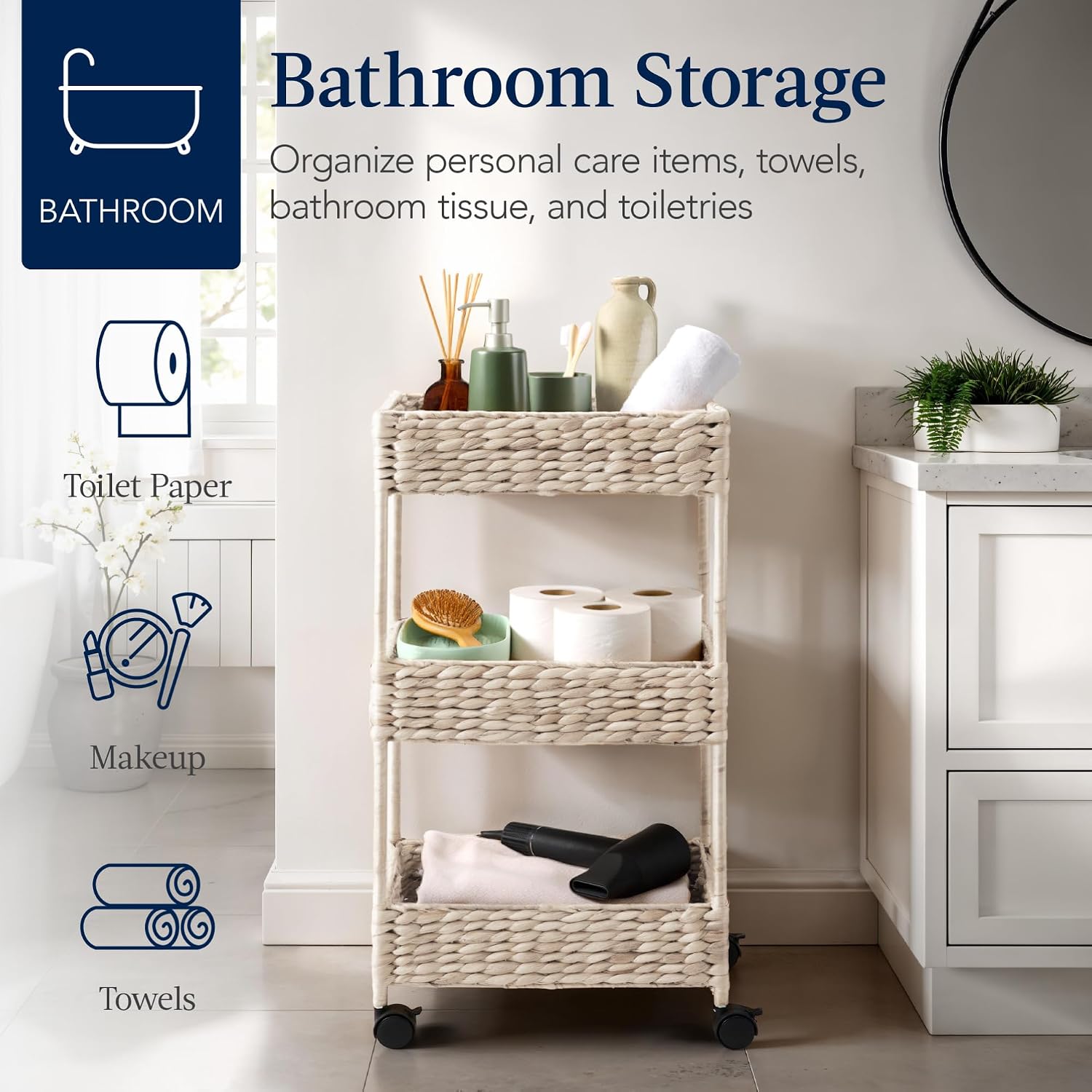 Best Choice Products 3-Tier Water Hyacinth Rolling Nursery Caddy w/Wheels, Utility Cart, Storage Organization for Bathroom, Craft Room, Laundry Room - Whitewash
