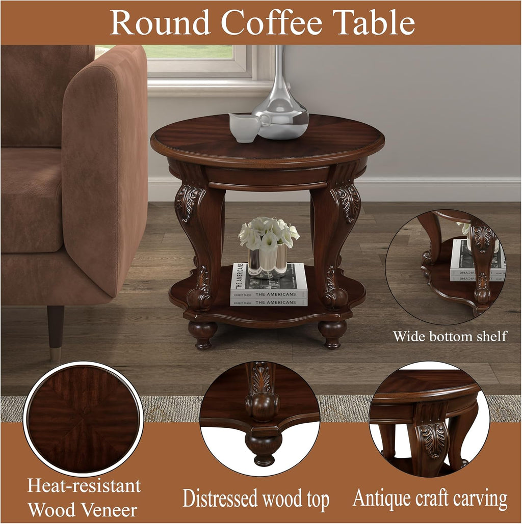 22'' Retro Round End Table,Solid Wood Sofa Side Table with Shelf,Living Room Corner Table Easy Assemble,Cherry