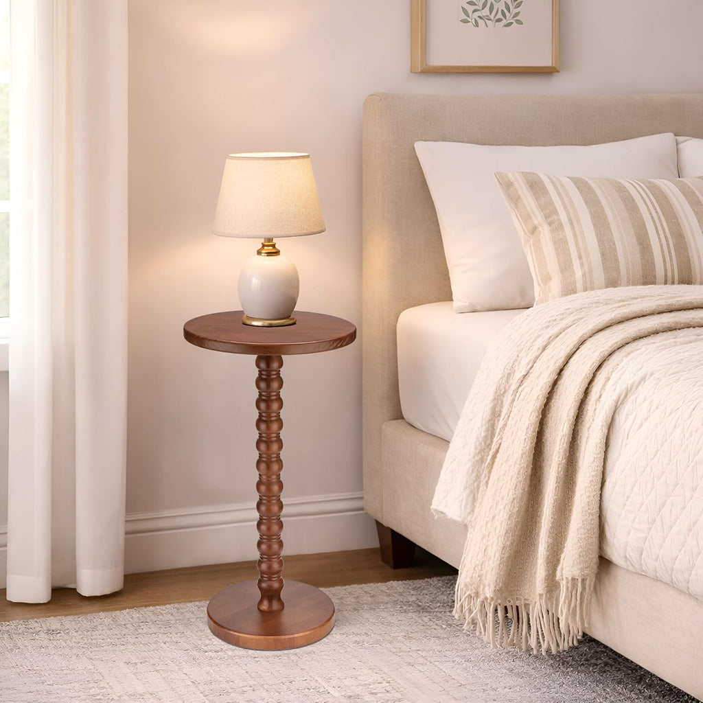 Solid Wood Round Side Table, Rustic Pedestal Drink Table for Small Spaces, Accent Nightstand Table for Living Room, Bedroom, Corners, and Office, Brown