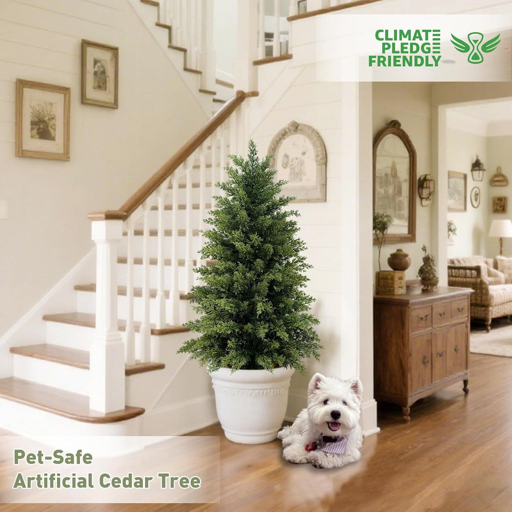 Mavis's Diary 3ft Artificial Cedar Topiary Tree, Set of 2 Realistic Faux Evergreen Shrub Plant in Planter, Indoor Outdoor Fake Cedar Tree for Front Porch, Entryway, Office & Home Decor