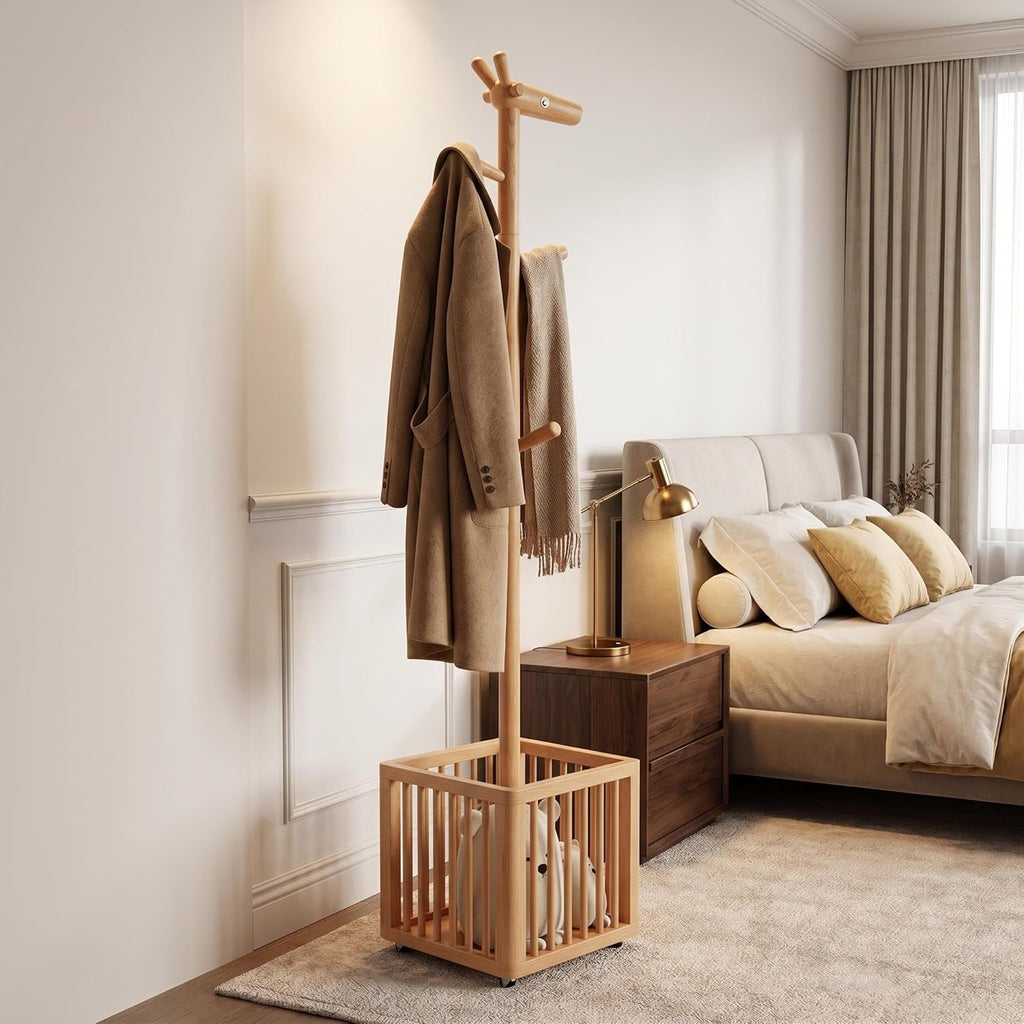AQIMUELE Solid Wood Coat Rack, Freestanding Coat Rack with 6 Hooks, Natural Wooden Clothes Rack for Bedroom, Kids Room, Hallway, Entryway