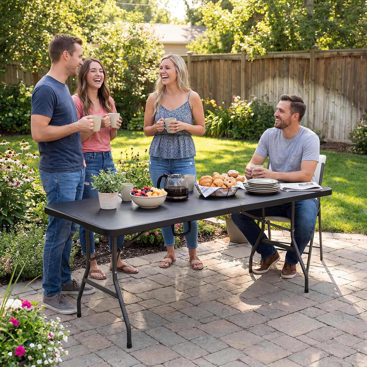 6ft Folding Table, Portable Heavy Duty Plastic Table for Party, Black | Fold-in-half Design with Carry Handle,Easy Setup,Compact Storage. Supports 330 lbs for Indoor & Outdoor use,Camping, Picnic