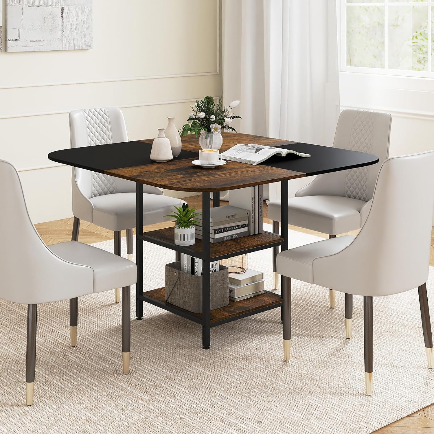 Giantex 47.5-inches Dining Table for 4, Square Kitchen Table with 2-Layer Storage Rack, Mix-Colored Tabletop, Adjustable Foot Pads, Wooden Dinner Tables for Dinette, Living Room, Restaurant