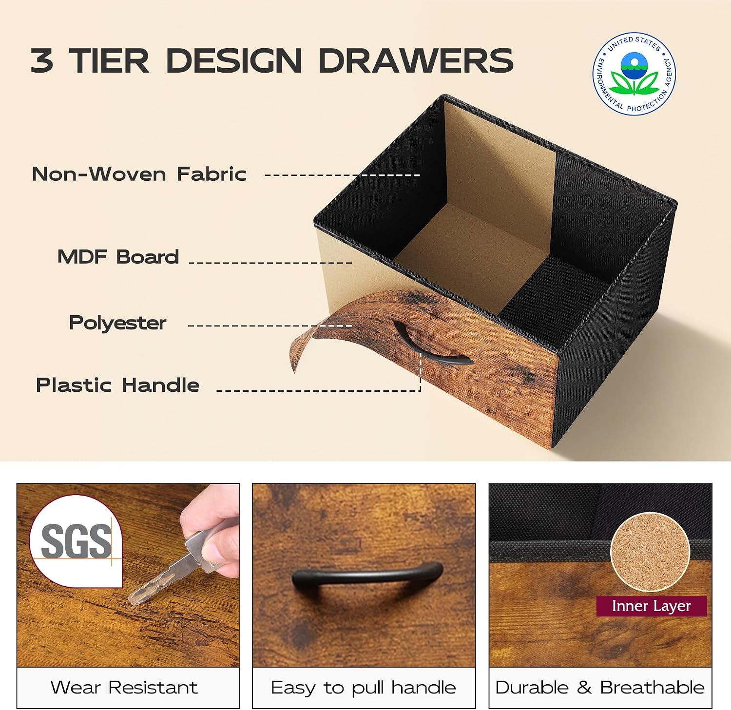 WLIVE Fabric Dresser for Bedroom, 5-Drawer Tall Dressers, Storage Organizer with Fabric Bins, Wood Top, Sturdy Steel Frame, Chest of Drawers for Closet, Hallway, Rustic Brown Wood Grain Print