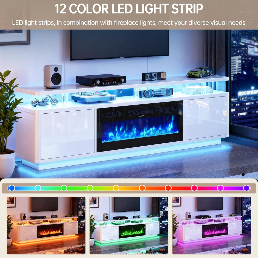 MXV 70" Fireplace TV Stand for TVs up to 80", Entertainment Center with 36" Fireplace & Double LED Lights, TV Console with Storage Cabinets for Living Room, Home Office, White