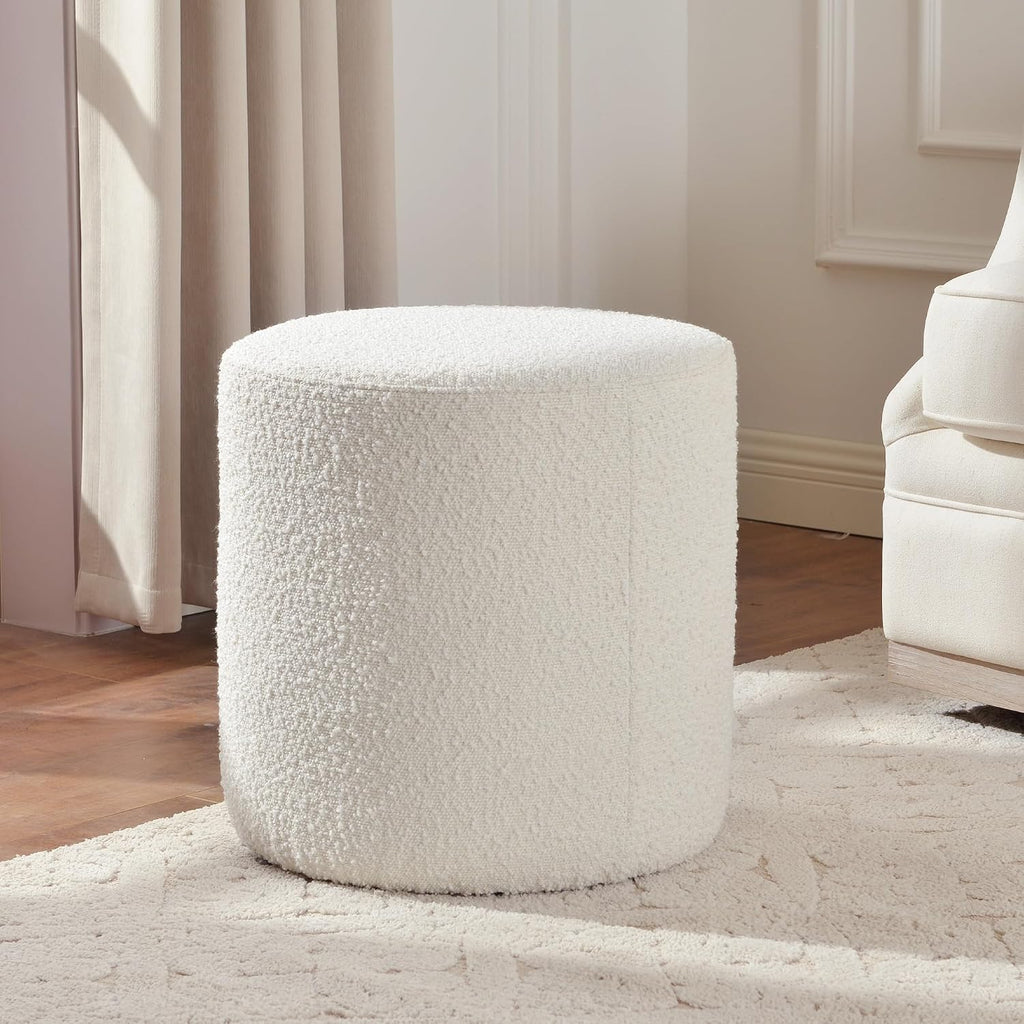 KINWELL Modern Round Boucle Upholstered Ottoman Set of 2, Multi-Functional Sofa Footrest, Side Table, Extra Seating for Living Room, Bedroom, Entryway (Cream White, 18" Dx 18" W x 18.3" H)