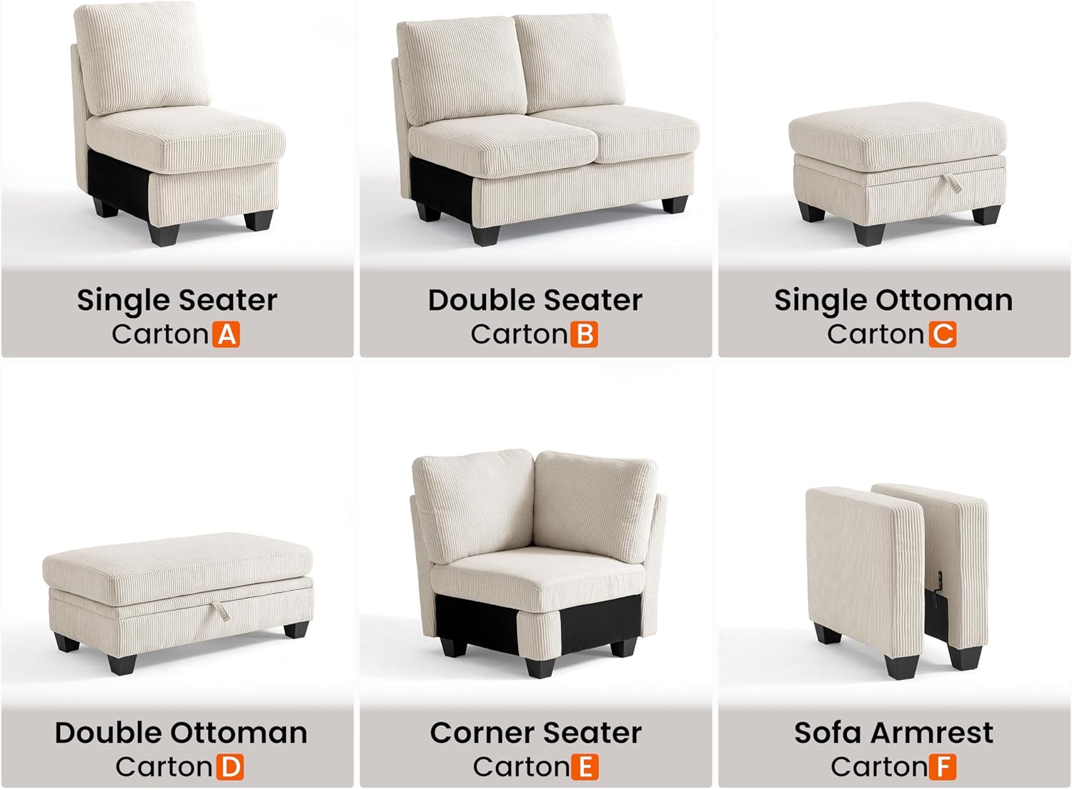 CHIC HOUSE Middle Module for Modular Couch, Corduroy Customizable Chaise, Storage Ottoman for Sectional Sofa, Armrest, Single/Double Seater