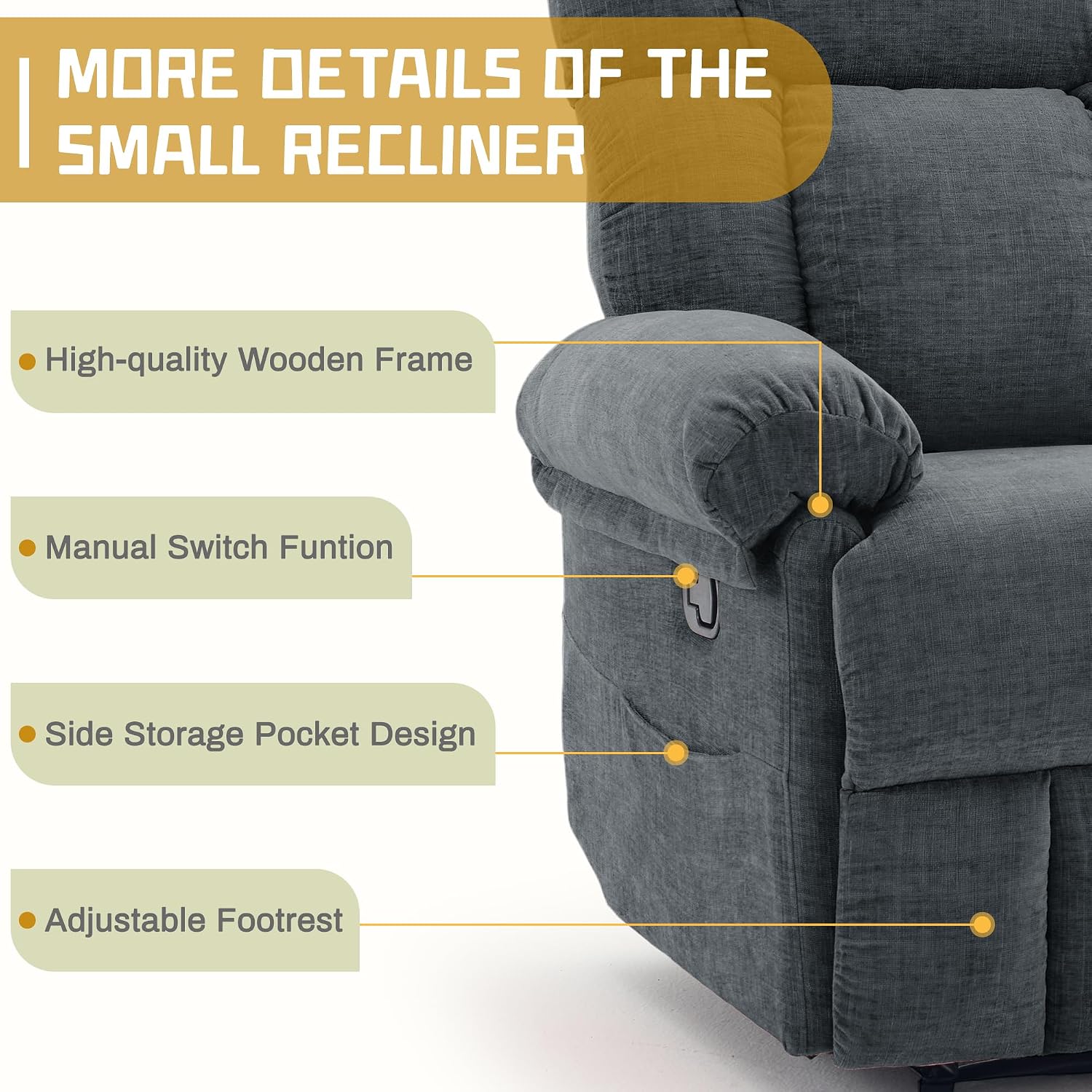 Korser Recliner Chair for Living Room, Manual Recliner with Thick Upholstered & Side Pockets, Small Recliner for Small Spaces, Lounge Chair for Nursery Bedroom Apartment RV, Chenille