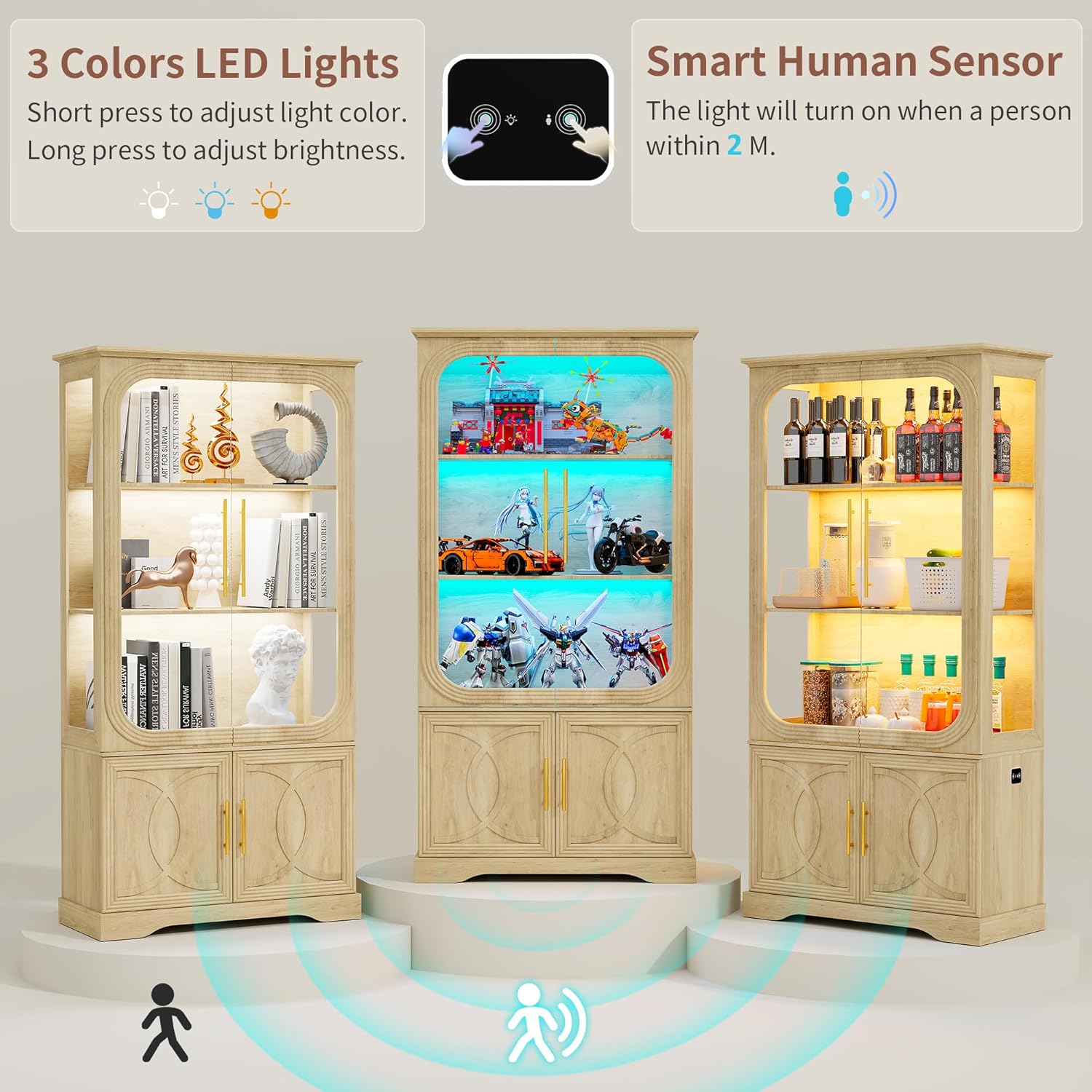 69" Tall Display Cabinet with Glass Doors, Curio Cabinet with 3 LED Lights and Human Body Sensor, Glass Display Case with Storage Cabinet for Living Room, Oak