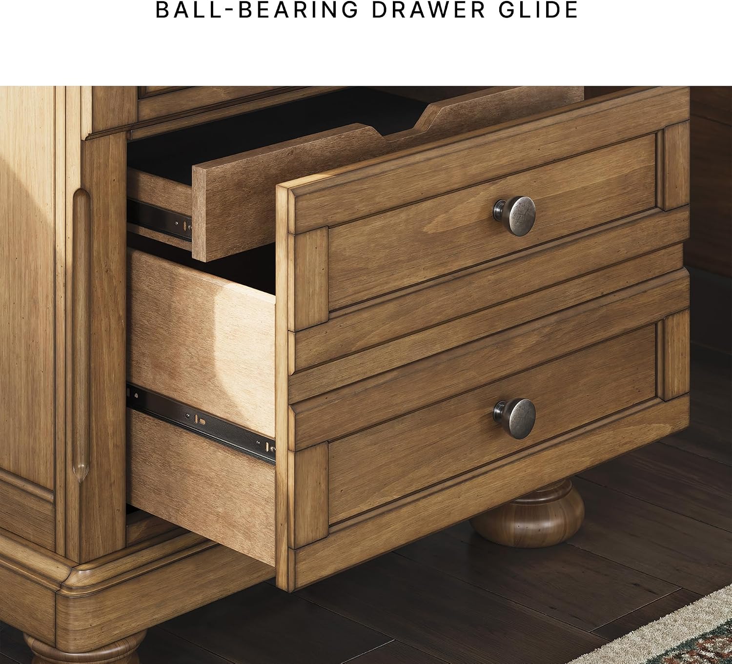 Signature Design by Ashley 2-Drawer Wood Nightstand, Chestnut Brown | Poplar solids, Pine veneer and MDF substrate, 30 in height, English dovetail construction, Hidden tray, Glarrison Series