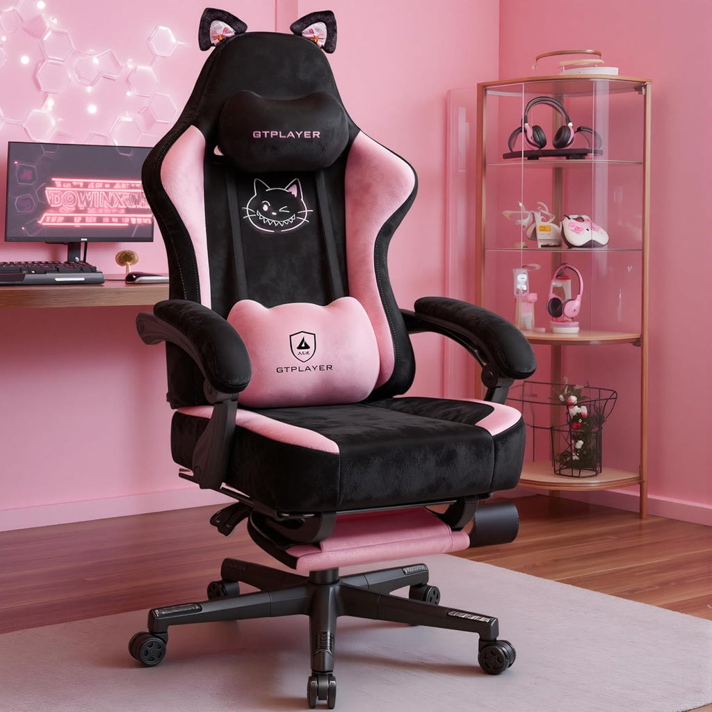 GTPOFFICE Cute Gaming Chair with Cat Ears,Ergonomic Computer Chair with Footrest Cat Paw Lumbar Support Comfortable Reclining Game Chair Desk Chair for Adult Teens, Soft Fabric, Pink Black