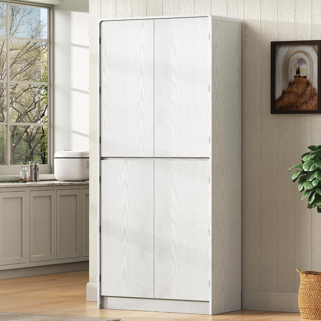 72" Tall Farmhouse Kitchen Pantry Cabinet,Freestanding Food Storage Pantry with 8 Door Shelves & 3 Adjustable Shelves,Hidden Drawer Storage Cupboard for Kitchen Dining Room,White