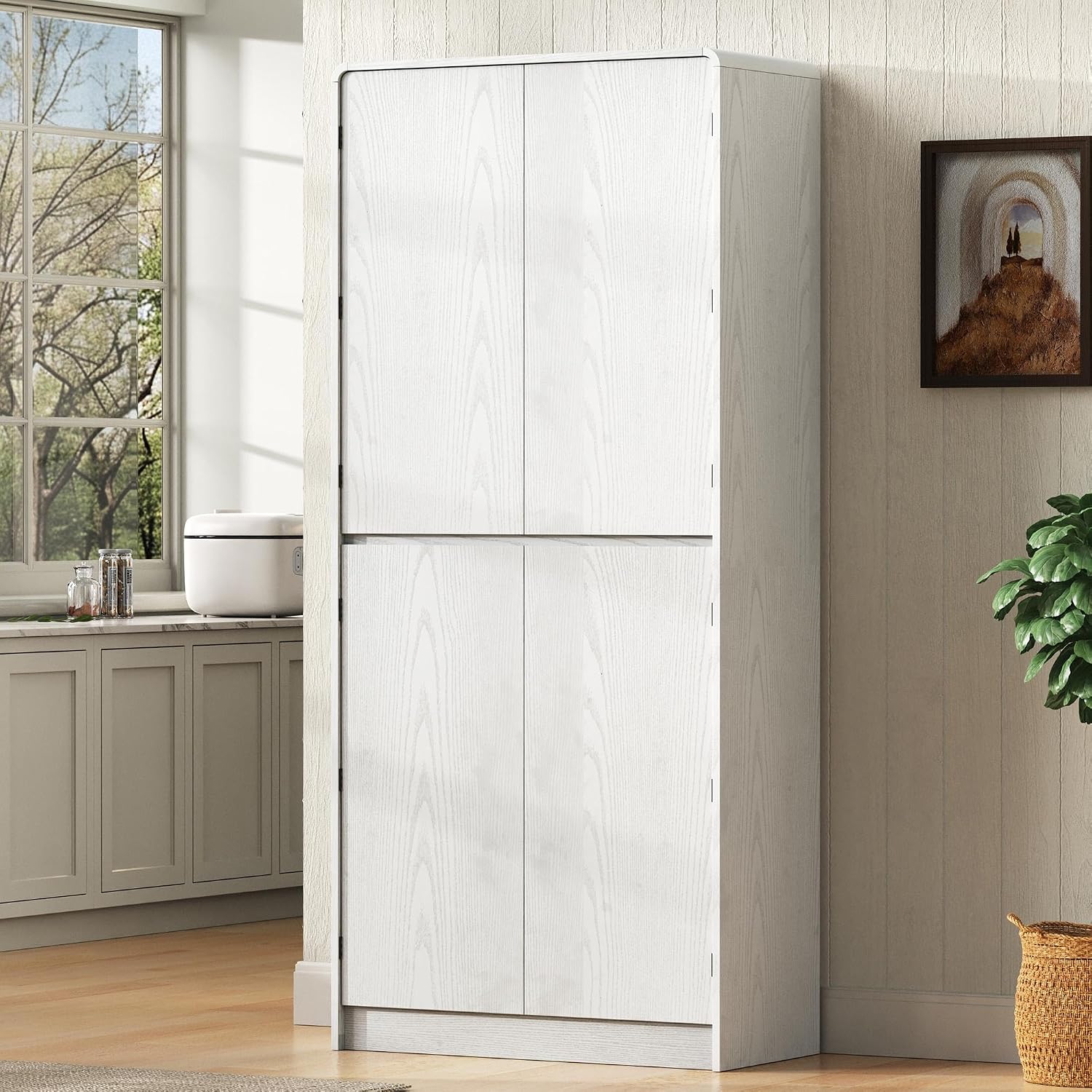 72" Tall Farmhouse Kitchen Pantry Cabinet,Freestanding Food Storage Pantry with 8 Door Shelves & 3 Adjustable Shelves,Hidden Drawer Storage Cupboard for Kitchen Dining Room,White