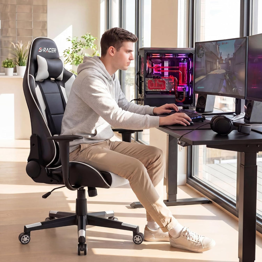 Patiowell Video Gaming Chair with Footrest Lumbar Support for Home Office High Back Recliner Height Adjustable Ergonomic Comfy Leather Computer Desk Chair(White)