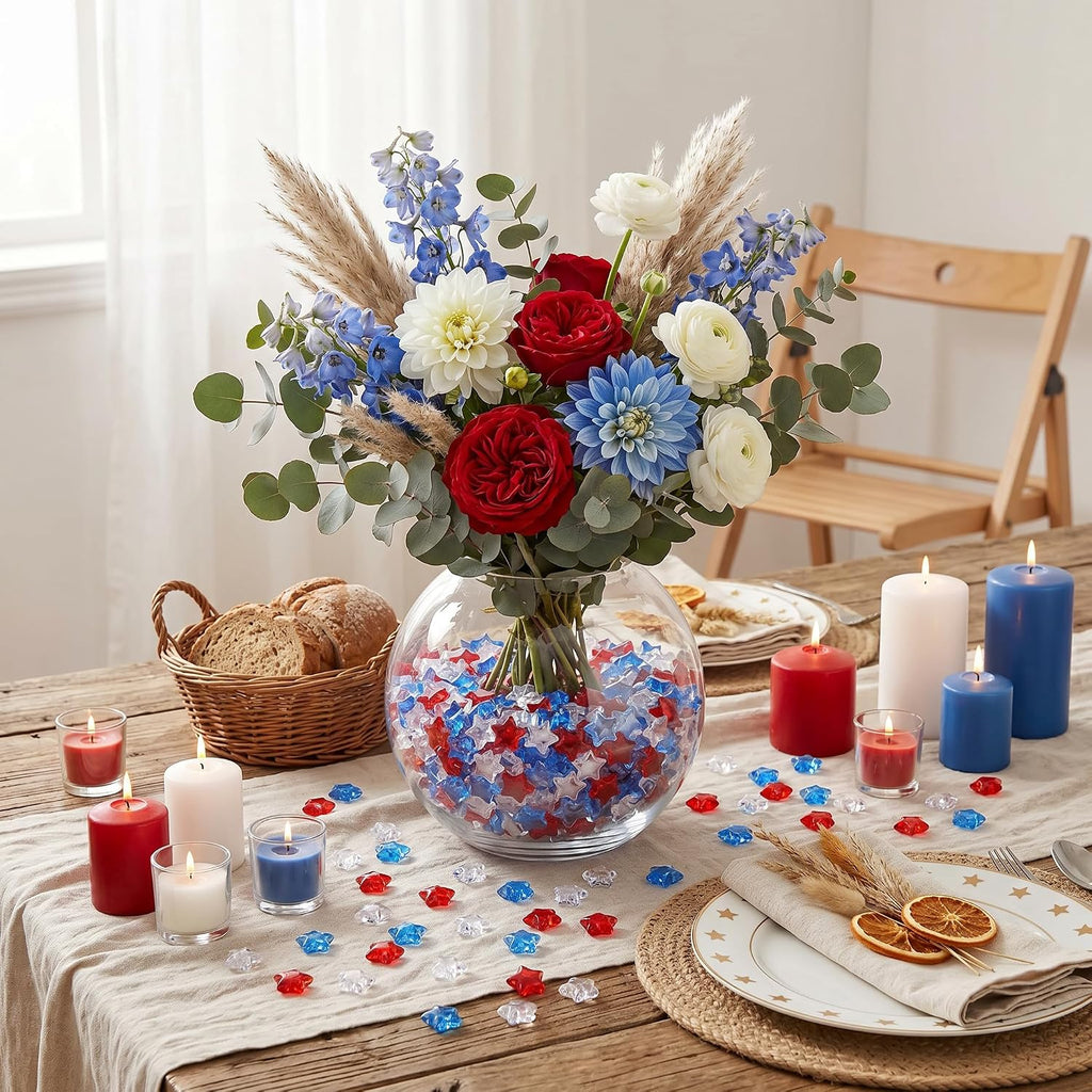 LAIDANLA 500PCS Red White Blue Acrylic Star Gems Vase Fillers, Patriotic Decorative Fake Crystals Gems Table Scatter for Independence Day Decor 4th of July Party DIY Crafts Home Decorations