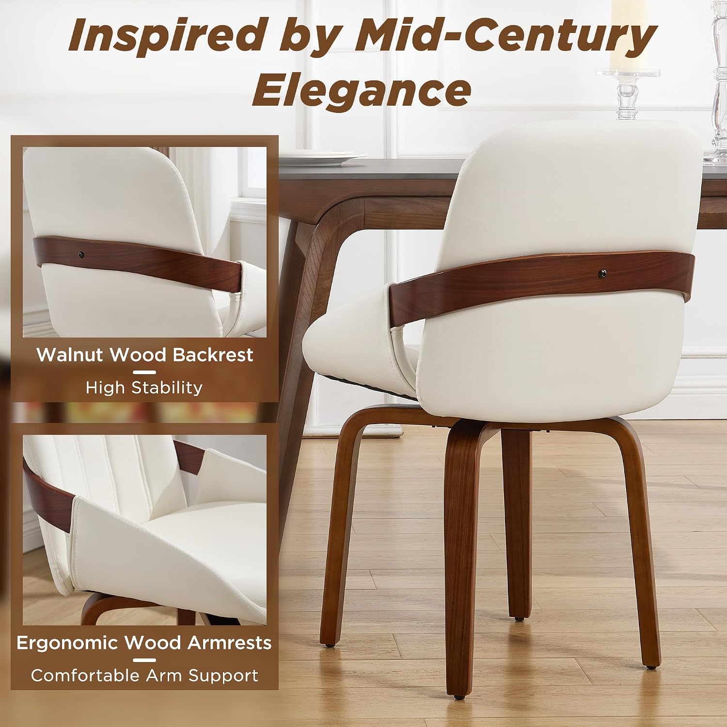 Swivel White Dining Chairs Set of 4, Mid Century Modern Faux Leather Dining Room Chairs with Arms, Upholstered Kitchen Vanity Accent Chair, Walnut Backrest Support & Sturdy Wood Legs