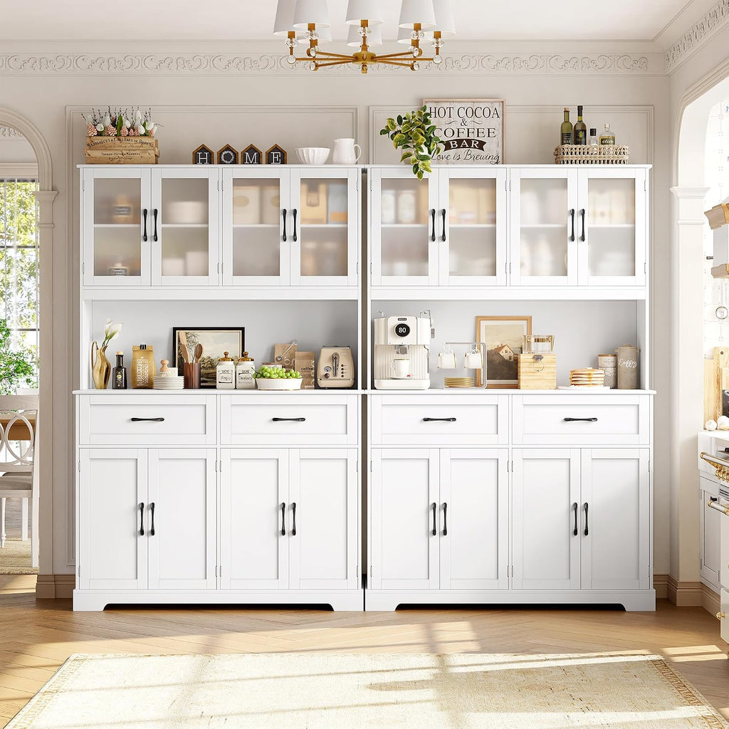 BOTLOG Pantry Storage Cabinet with Microwave Stand, 71" Tall Kitchen Hutch, Large White Pantry Cabinet with Glass Doors for Dining Room