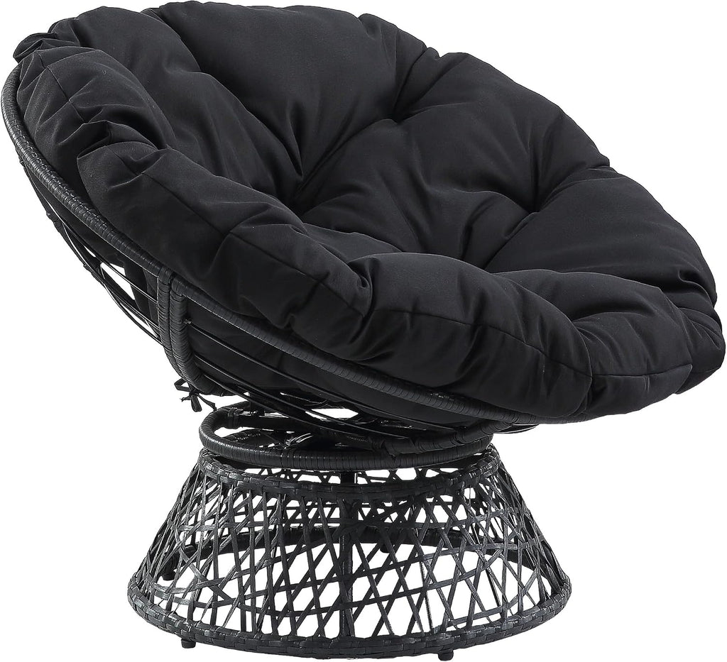 OSP Home Furnishings Wicker Papasan Chair with 360-Degree Swivel, Grey Frame with Black Cushion