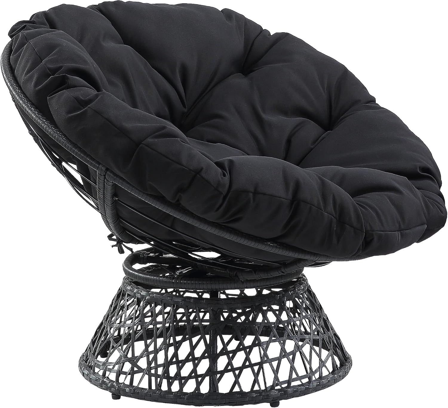 OSP Home Furnishings Wicker Papasan Chair with 360-Degree Swivel, Grey Frame with Black Cushion