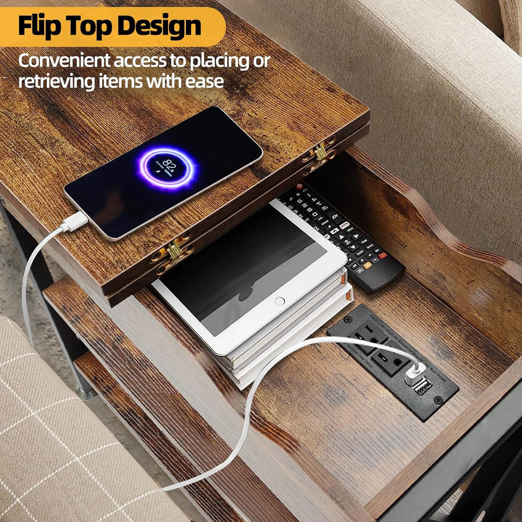 TooCust Flip Top End Table with Charging Station Set of 2, 12" D×21" W×26" H Small Side Tables with Storage & Shelves, Compact Side Table for Small Spaces, End Tables Living Room Set of 2, Brown