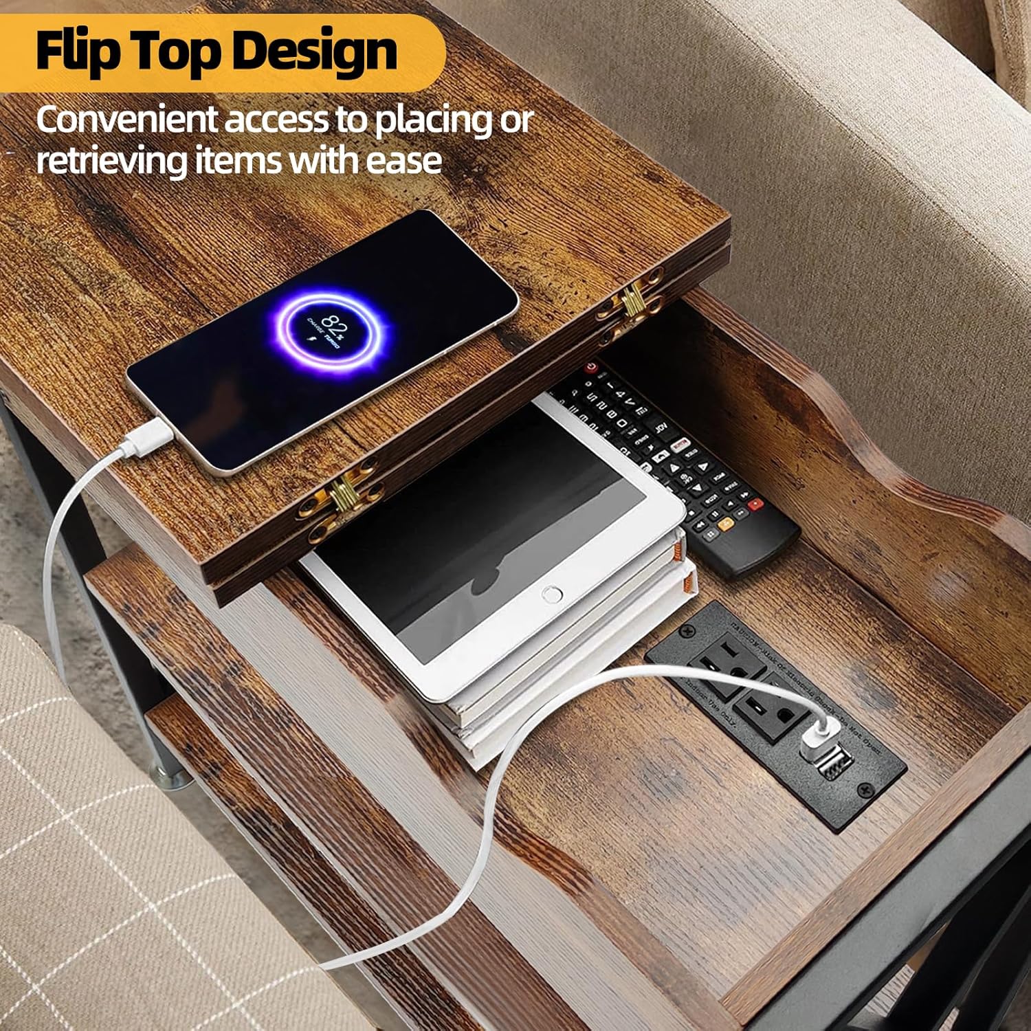 TooCust Flip Top End Table with Charging Station Set of 2, 12" D×21" W×26" H Small Side Tables with Storage & Shelves, Compact Side Table for Small Spaces, End Tables Living Room Set of 2, Brown