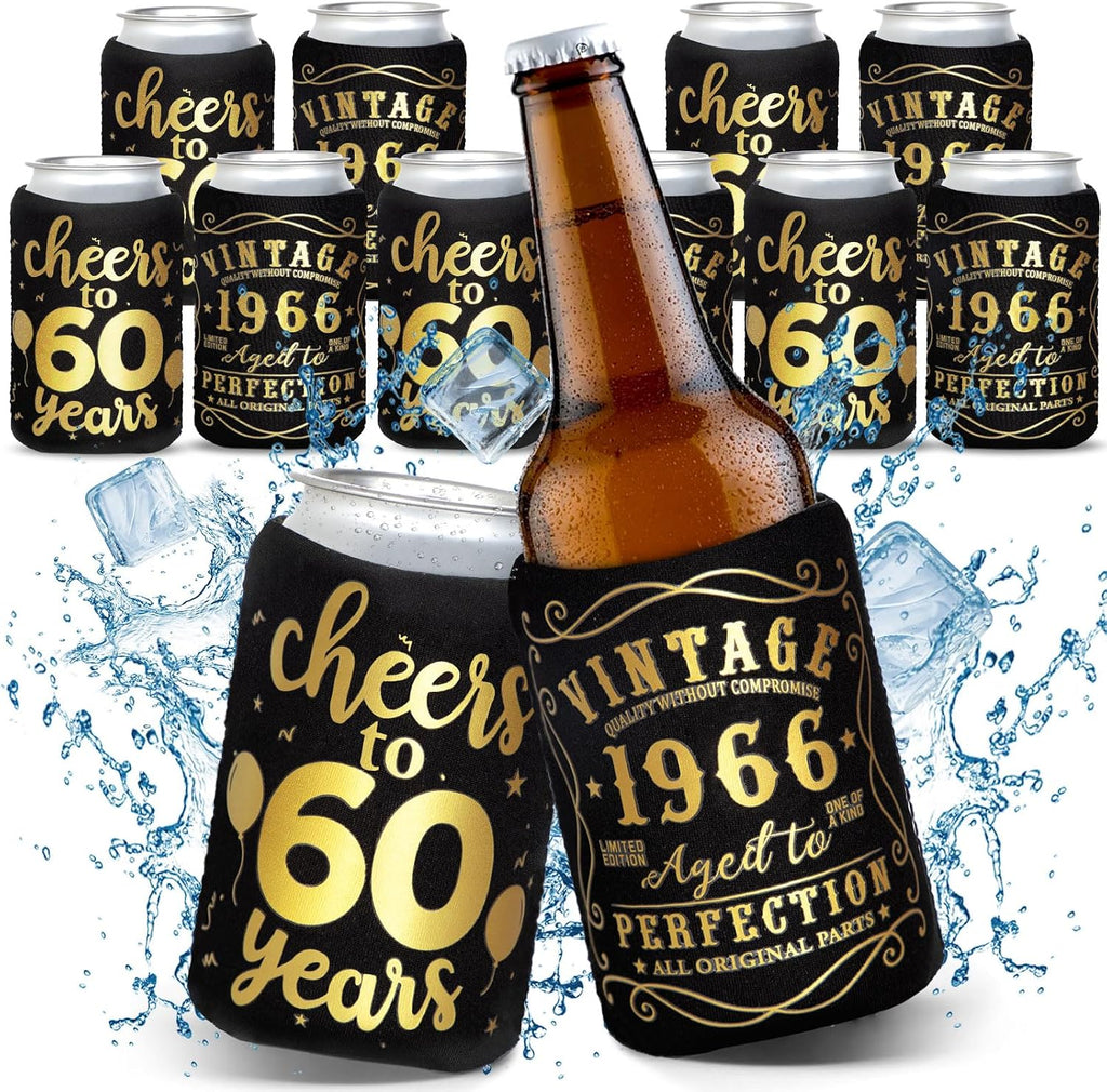 12Pack 60th Vintage Birthday Can Sleeves, Cheers to 60 Years Vintage 1966 60th Party Favor Decorations, Black and Gold Neoprene Soda Can Beverage Cooler Holder Sleeves for Sixty Year Old