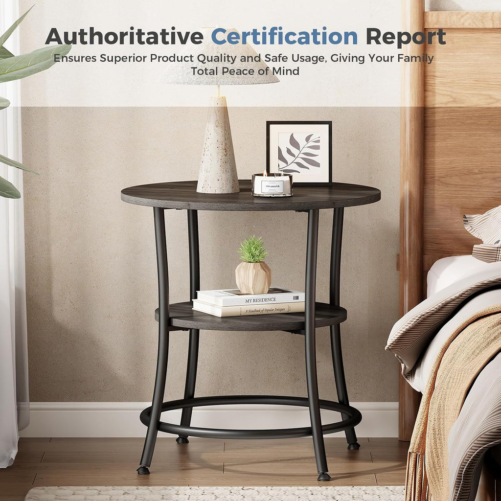 OLIXIS 21.85-Inch Round End Table, 2-Tier Side Round Table for Living Room, Accent Table with Storage Shelf, Sturdy Metal Frame Nightstand for Small Space, Round Bedside, Grey Wood Grain