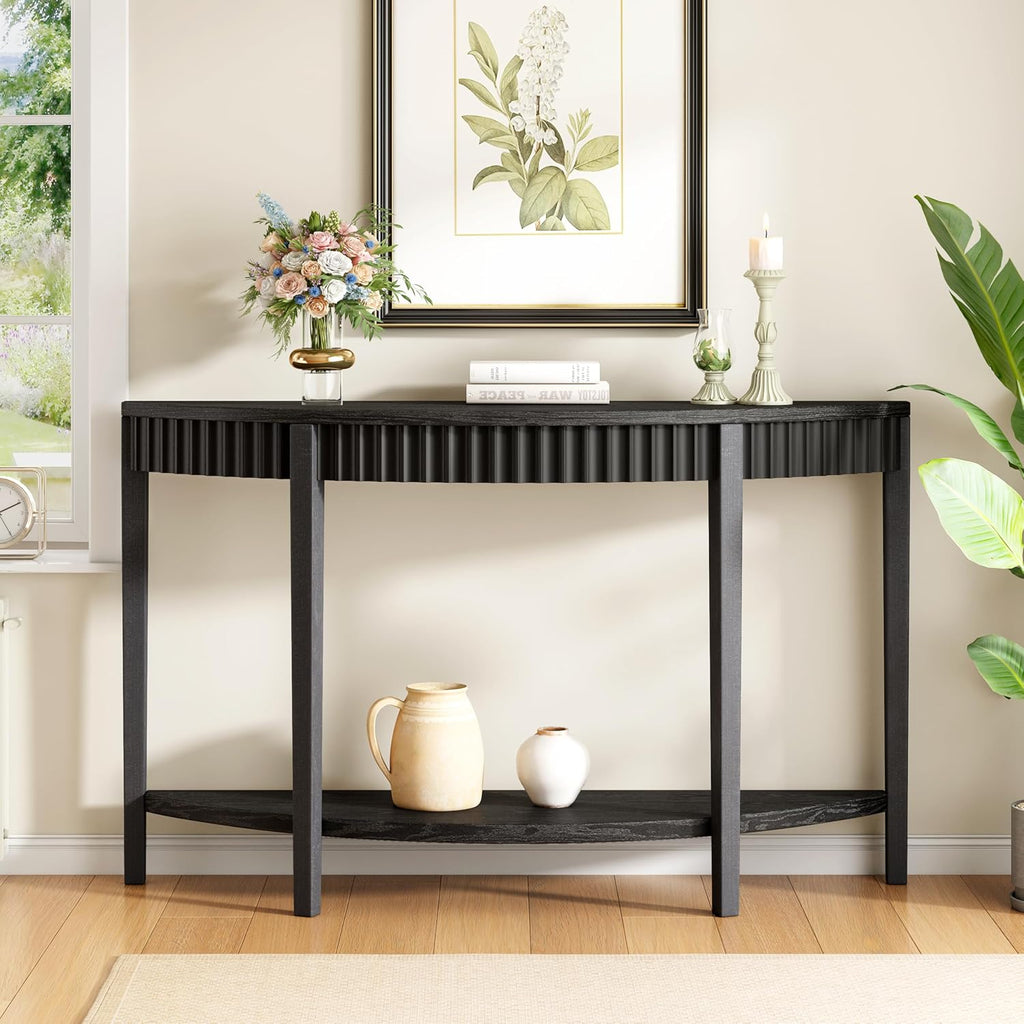 55'' Elegant Half Moon Entryway Table with Wood Veneer and Open Shelf A Refined Accent for Hallways or Foyers