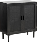 VEVOR Buffet Cabinet, Rattan Sideboard Cabinet with 2 Magnetic Doors and Adjustable Shelves, Accent Sideboard Buffet with Wooden Legs & Power Cord Hole for Hallway, Entryway, Kitchen, Black