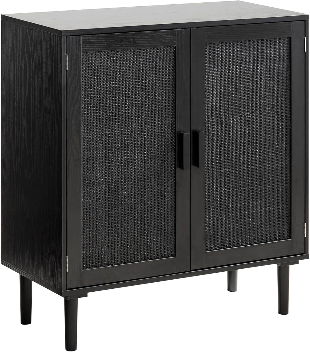 VEVOR Buffet Cabinet, Rattan Sideboard Cabinet with 2 Magnetic Doors and Adjustable Shelves, Accent Sideboard Buffet with Wooden Legs & Power Cord Hole for Hallway, Entryway, Kitchen, Black