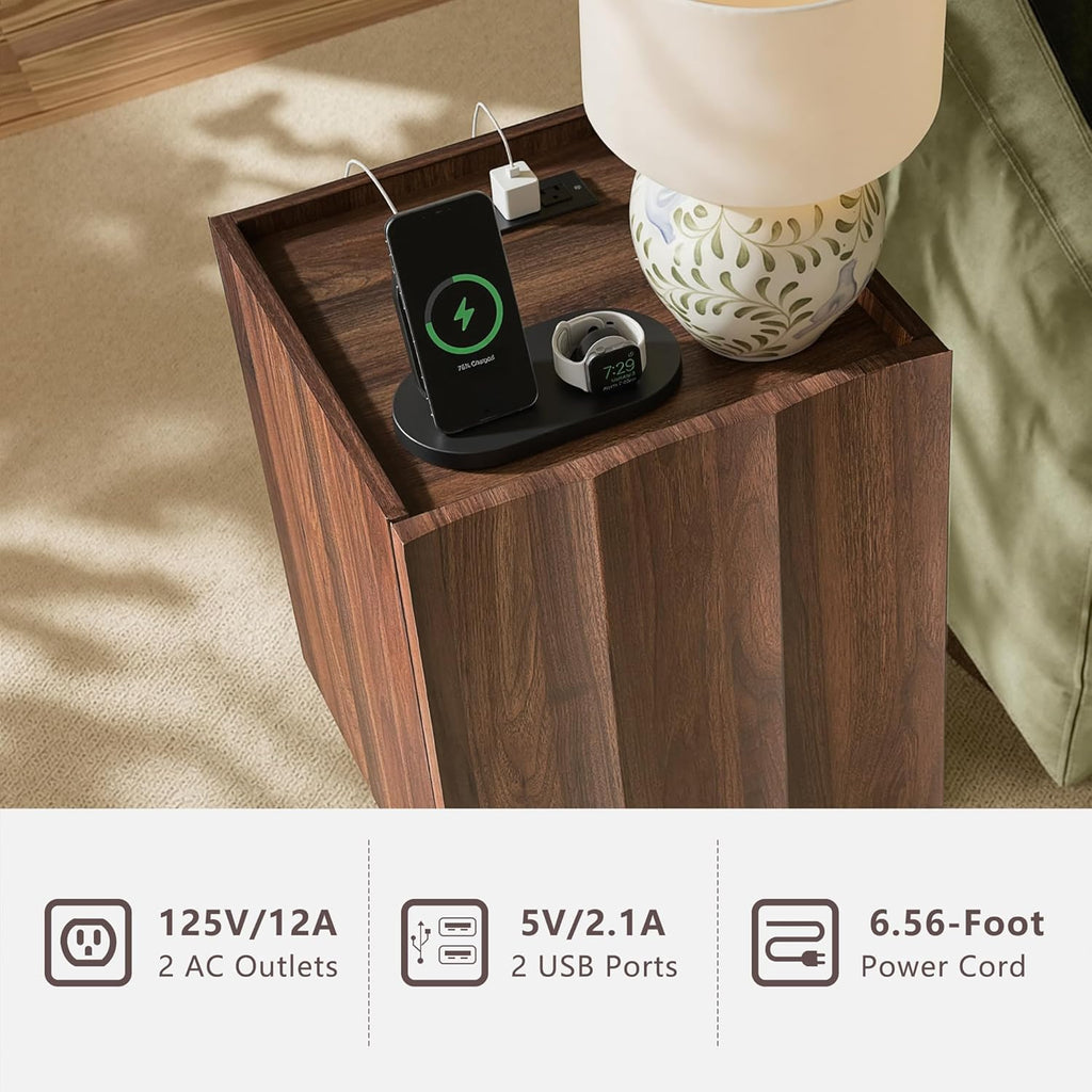win2win Side Table Set of 2 with Charging Station, Mid Century Modern End Tables with Wave Design, Nightstand Set of 2 with Storage, Bedside Table for Bedroom Living Room, Walnut