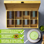 Tea Organizer Box Food Safe Chemical Free Bamboo Wood Storage Chest Big, Tall, Adjustable Cubbies (8-Slot 14.3" x 8.1" x 4.2" with TEA print design)