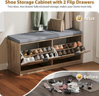 Rattan Storage Bench with Cushion & Coat Rack, Shoe Rack with 2 Flip Drawers, Narrow Shoe Storage Cabinet, Shoe Bench for Entryway, Living Room, Rustic Oak, Round
